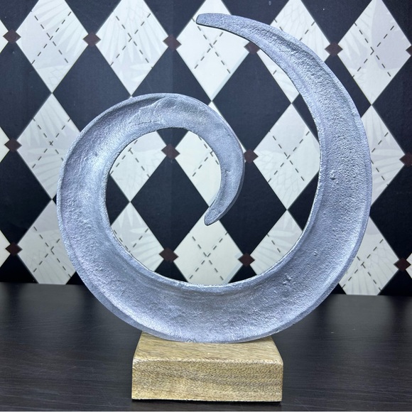 Large Abstract Metal Spiral Sculpture on Wood Base Modern Decor Accent - Picture 5 of 7